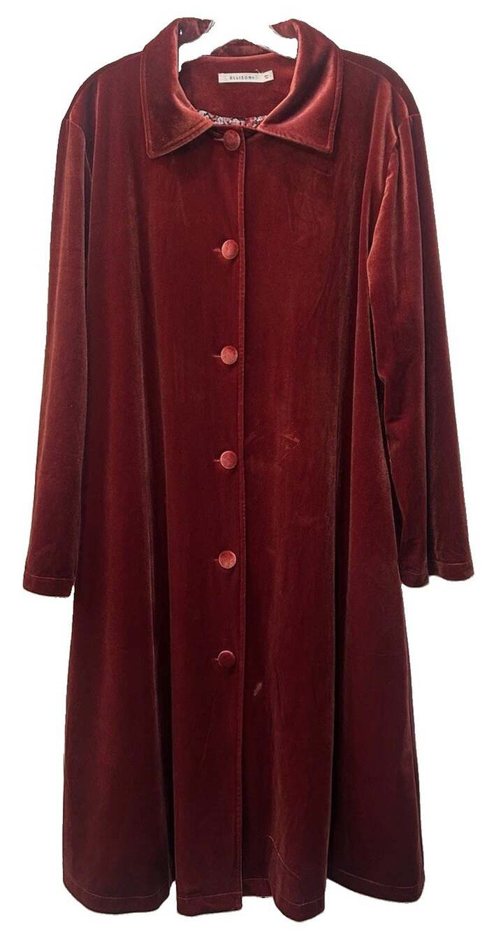 Ellison Burgundy Solid Velvet Long Overcoat Lined Button Down Duster Size Large